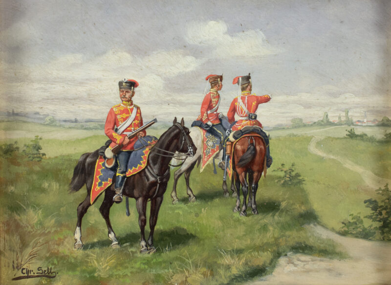 Christian I. Sell (1831 Altona - 1883 Düsseldorf) - Drei preußische Kavalleristen im Gelände - Bild 1