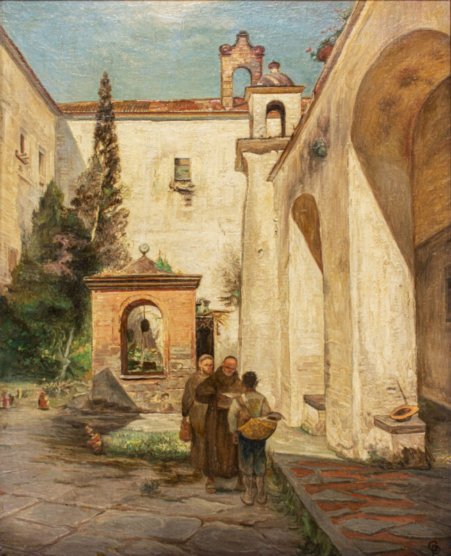 Pierre Gusman (1861 Paris - 1942 Grosrouvre) - Klosterkreuzgang mit Mönchen und Briefbote