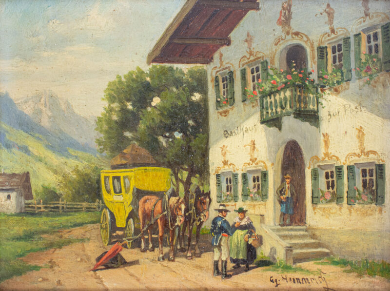 Georg Hemmrich (1874 Würzburg - 1939 München) - Postkutsche in einem bayrischen Dorf