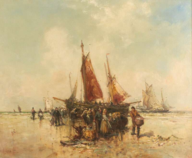 William Edward Webb (Manchester 1862 - 1903) - Wattszene mit Segelboot und Figurenstaffage