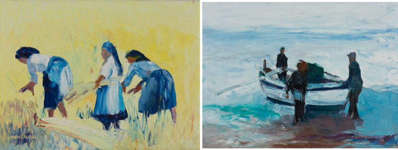 Mario Berrino (1920 Alassio, Italien - 2011 ebenda) - 2-tlg., Paar Gemälde, Frauen beim Ernten und Fischer mit Boot - Bild 1