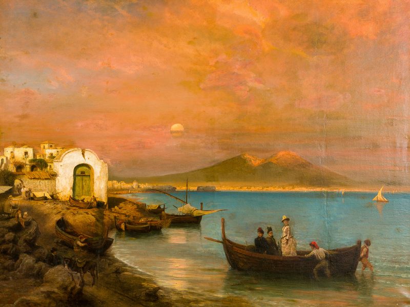 Albert Arnz (1832 Düsseldorf - 1914 ebenda) - Abendstimmung am Golf von Neapel mit Maler an der Staffelei - Bild 1