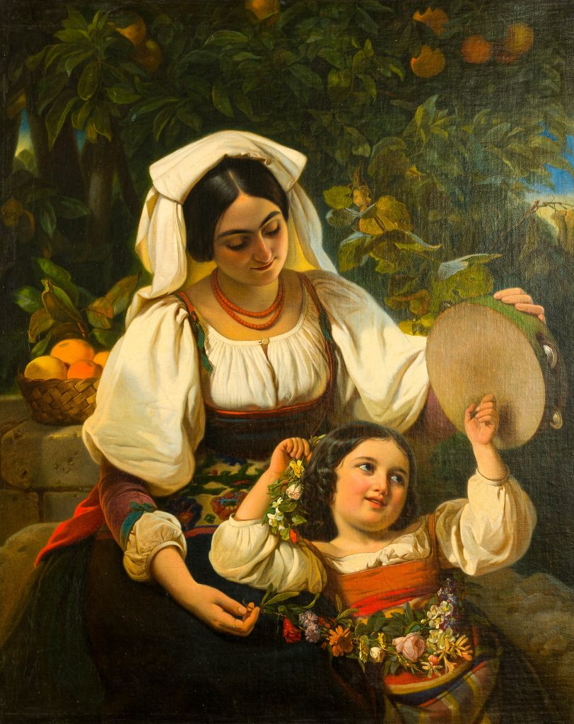 Johann Grund - Mother and daughter in traditional costume of Albanian mountains under an orange tree