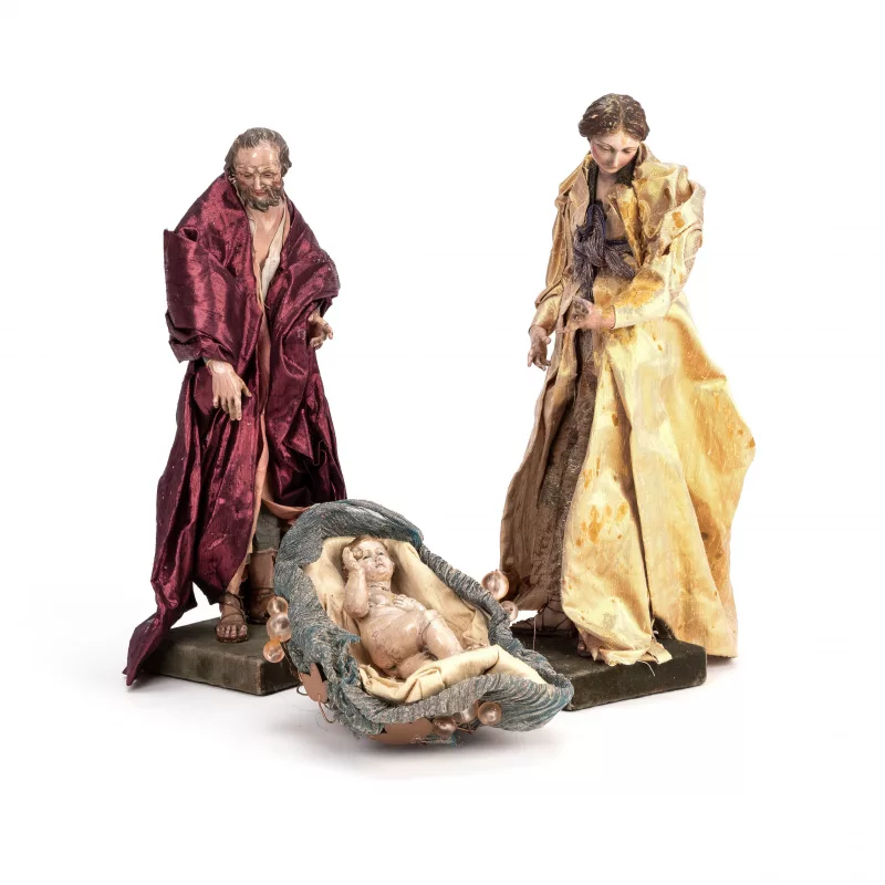 Neapolitanische Krippenfiguren, Maria, Josef und Jesu Christi in einer Krippe