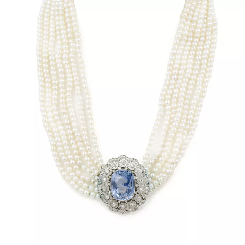 Perlencollier mit Saphir-Diamantanhänger