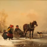 Winterszene mit Familie, Pferd und Hund auf zugefrorenem See_84075_217-1